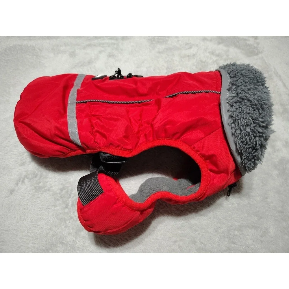 QBLEEV Dog Coat Small Red Reflective Fur Lined Warm‎ Adjustable Outdoor Walks
